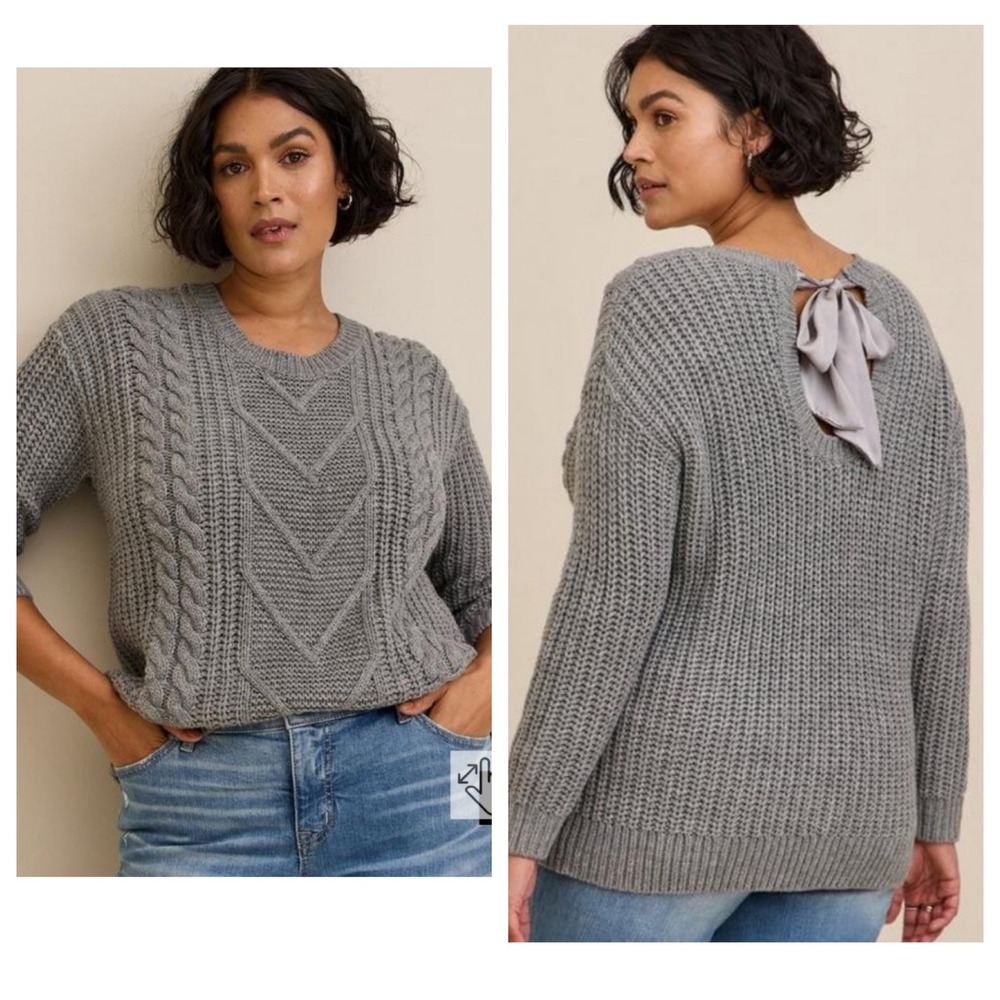 NWT Torrid Cable Knit Tie Back Bow Pullover Sweater 2 2X Grey Chunky Normcore